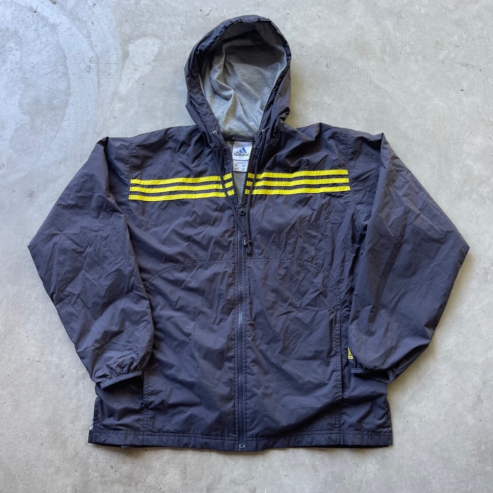 Adidas Mens Hooded Windbreaker Jacket Navy Blue Yellow Stripe Full Zip Large